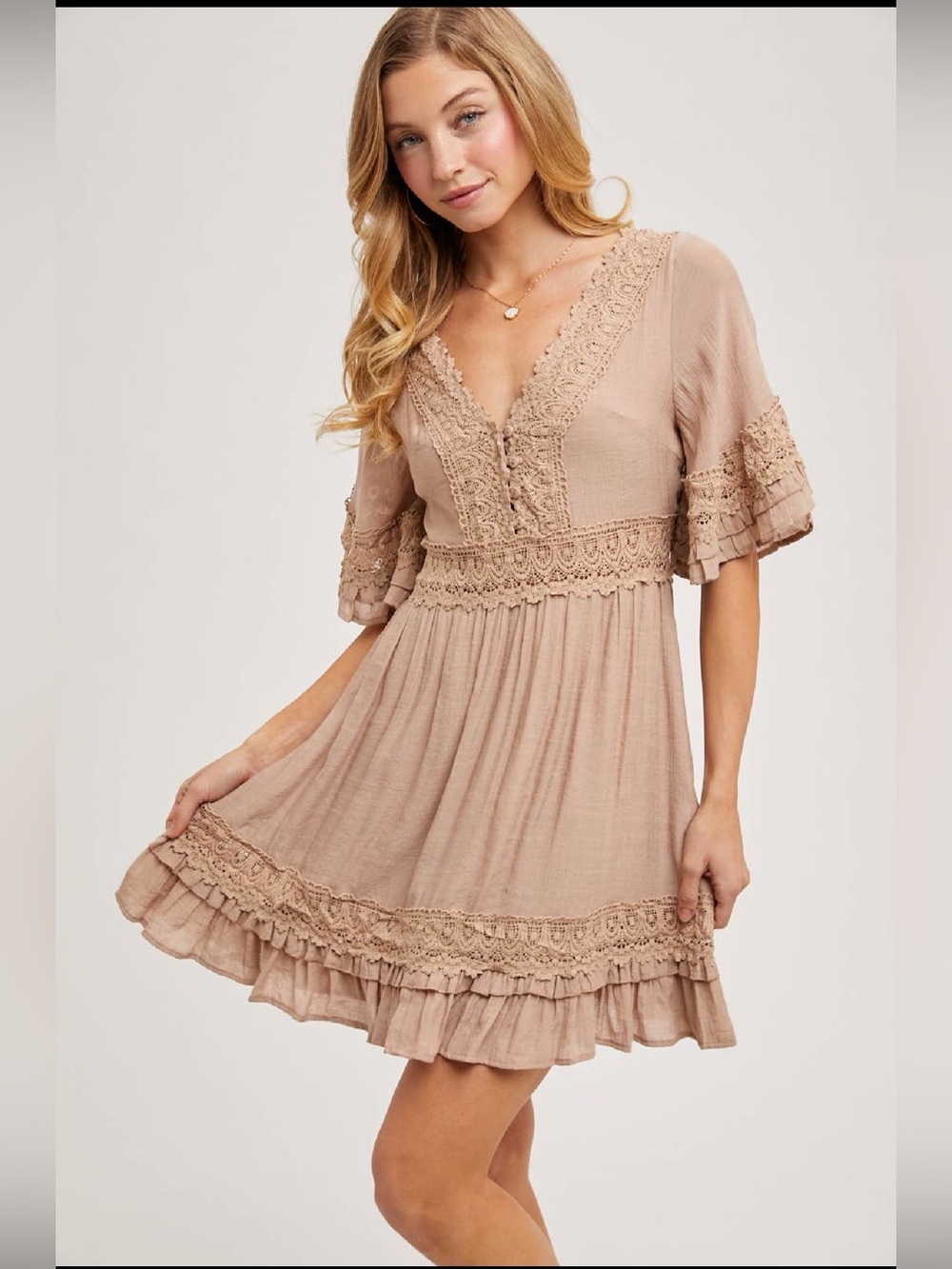 V-neck Lace Dress - Open Back with Tie Detail